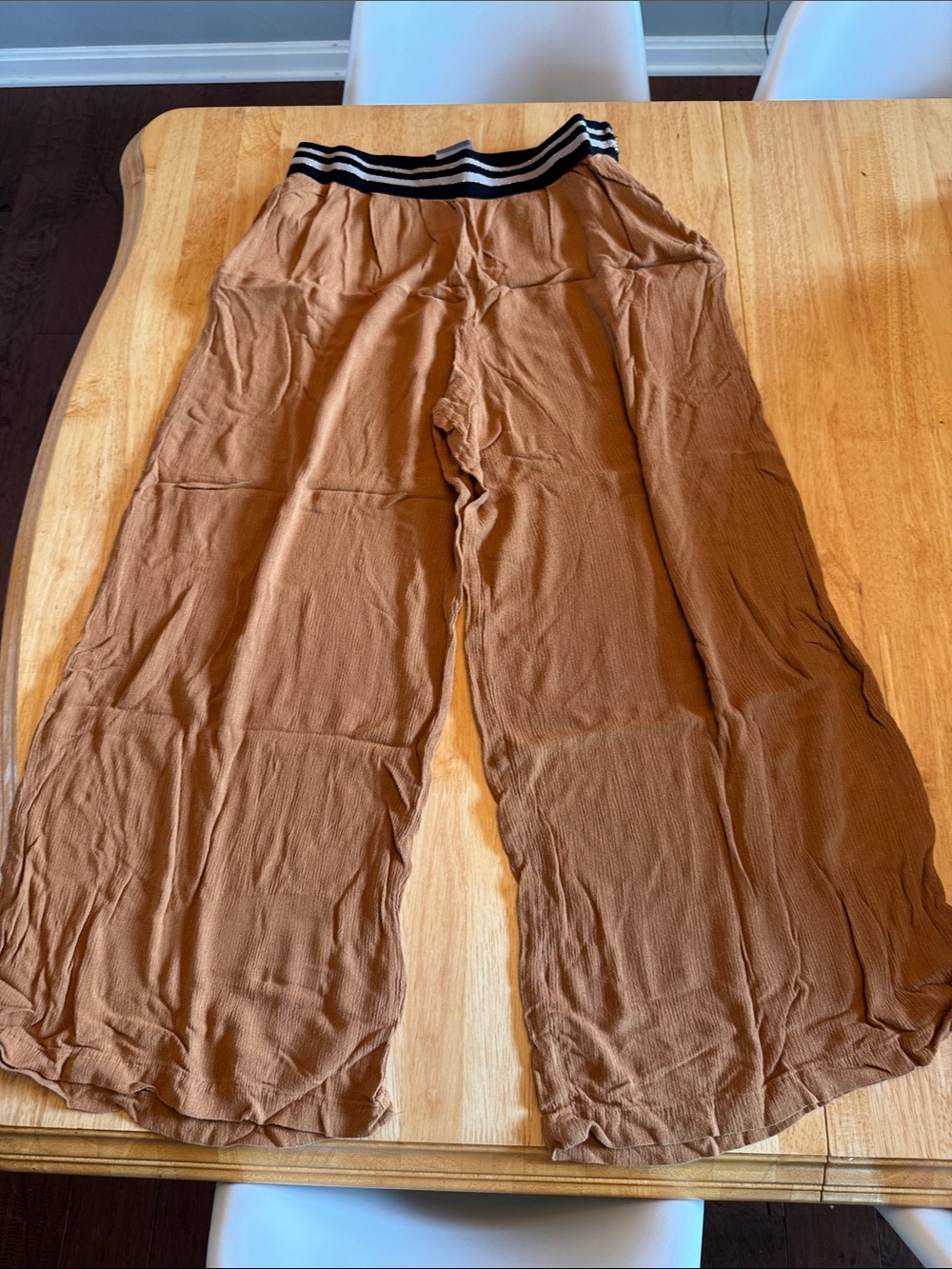 dolan Wide Leg Pants in Caramel Brown with Black & White Stripe Waistband